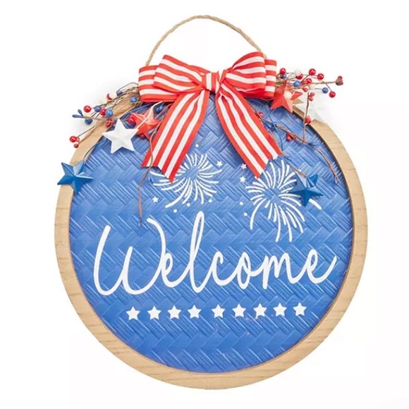 NWT- Round Wooden- Blue Wicker- WELCOME Patriotic Decoration Sign 🇺🇸🎇⭐️ - Picture 13 of 17
